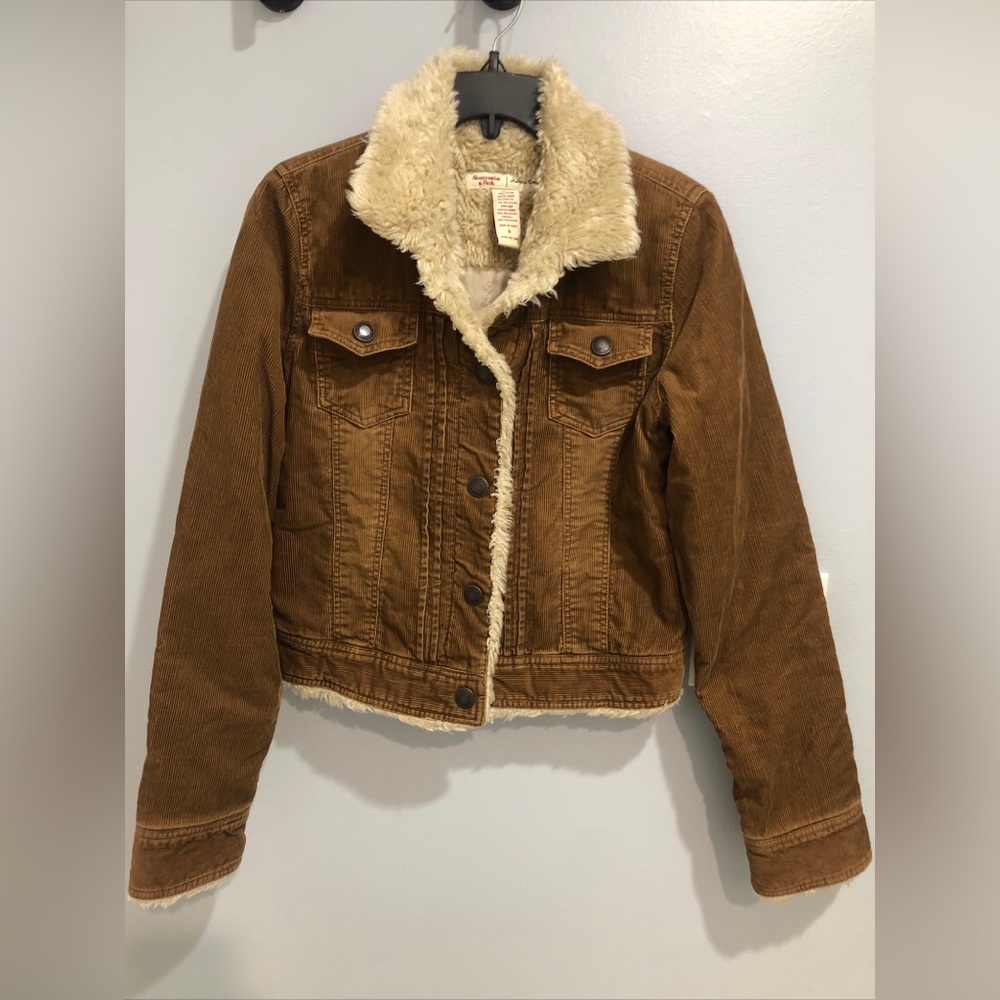 Vtg Abercrombie & Fitch Brown Corduroy Sherpa Lined Trucker Jacket Military Sz S